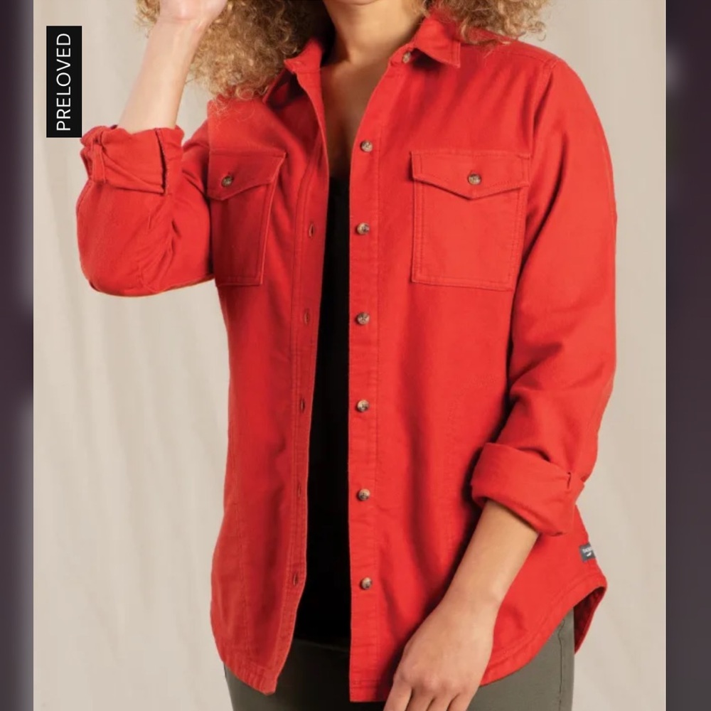 Toad&Co Red 100% cotton shirt jacket with Yellow Plaid Lining Size Small